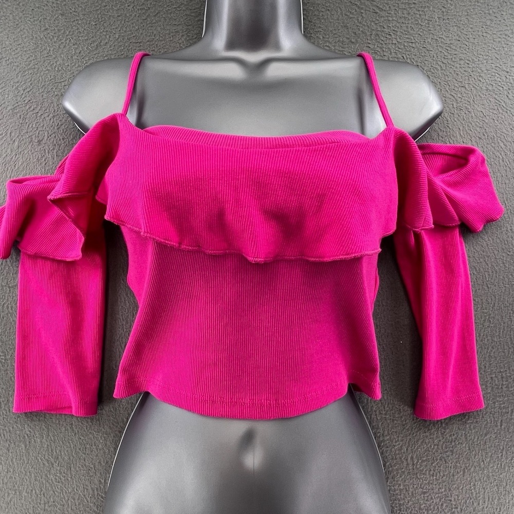 Zara Women Cold Shoulder Top Pink Ribbed‎ Cotton L Ruffle Y2K Barbiecore